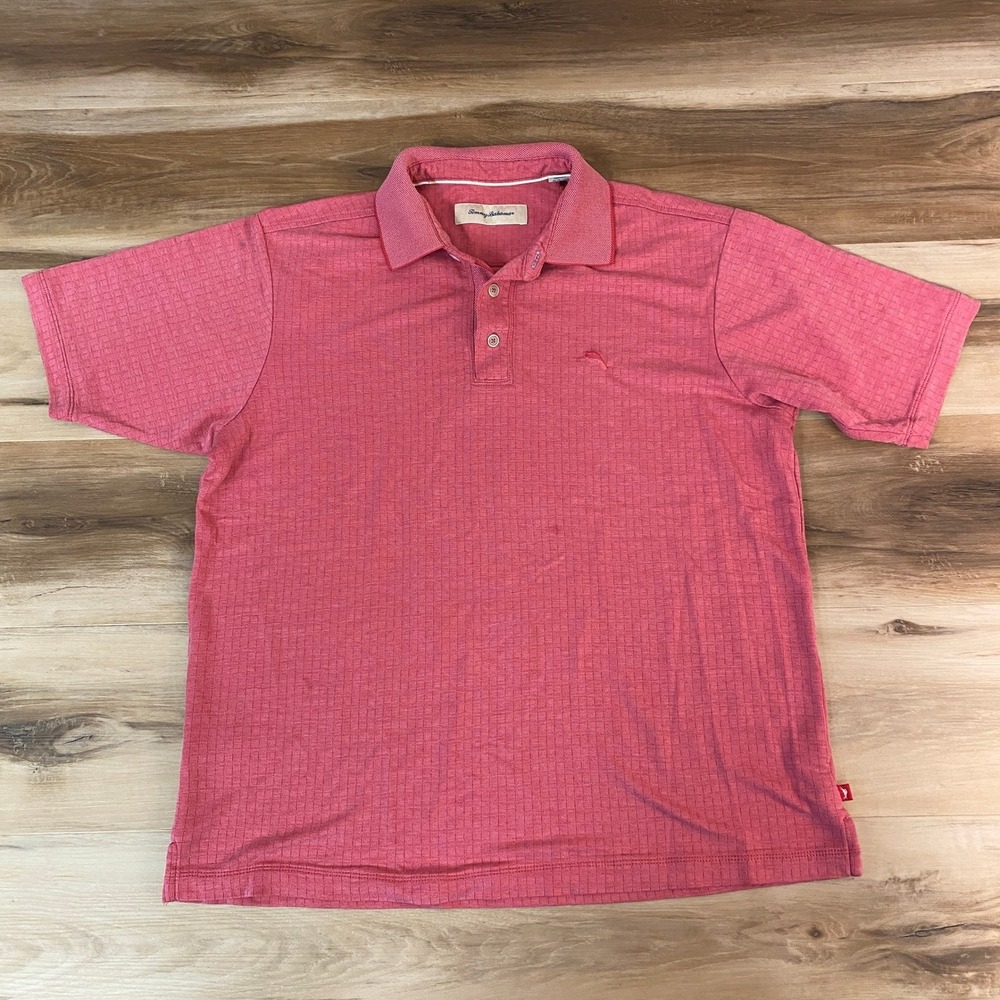 Tommy Bahama Mens Pink Textured Short Sleeve Polo Shirt Medium - Picture 2 of 12